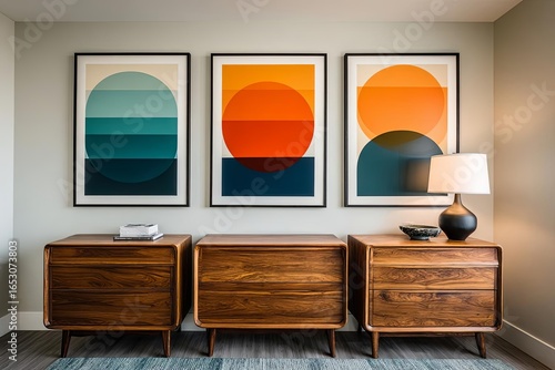 Stylish room with modern artwork and vintage furniture accents.