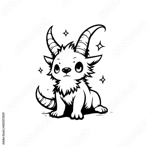 Adorable cute cartoon goat illustration with stars shining around it for children's book or coloring pages