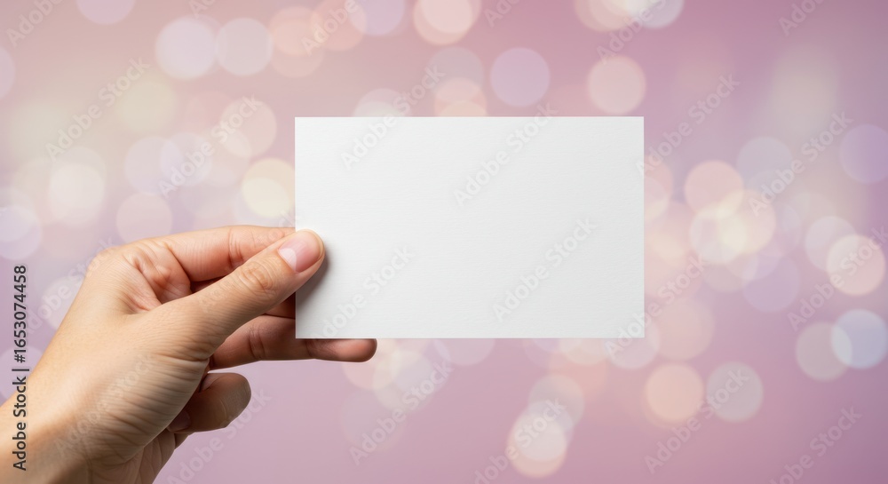 Obraz premium Hand Holding Blank White Card Against Pink Bokeh Background