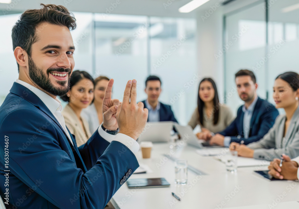 Obraz premium Smiling diverse business professional gestures during a collaborative meeting in a modern corporate office.