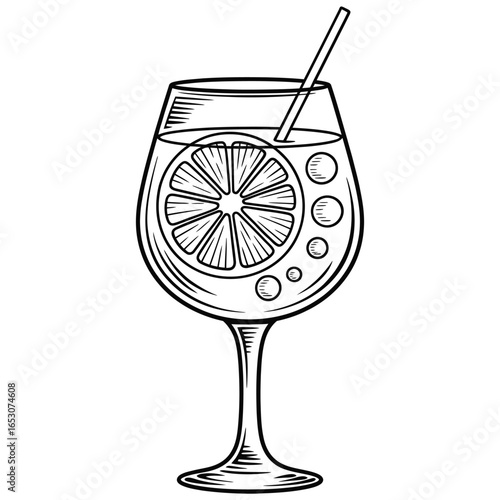 Hand drawn cocktail glass with orange slice and straw illustration