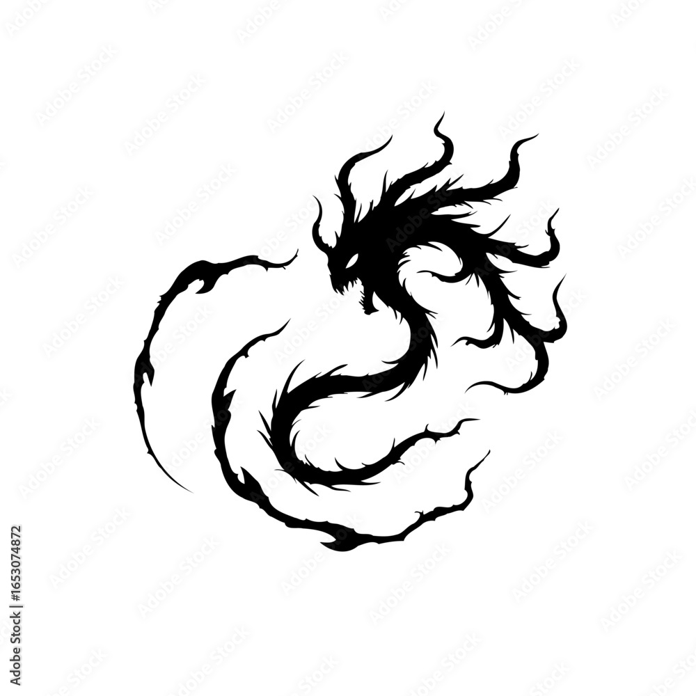 Obraz premium Silhouette of a mysterious mythical dragon with long tail and sharp claws create awesome logo fantasy character