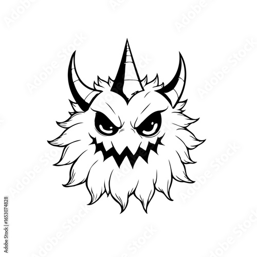 Stylized horned cartoon monster illustration, rendered in black and white, features a unique design and menacing facial expression