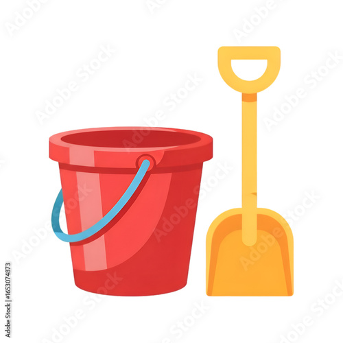 A red plastic bucket with a blue handle next to a yellow plastic shovel, isolated on a white background.