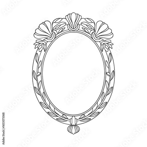 Elegant Oval Frame with Floral and Shell Ornamentation Line Art