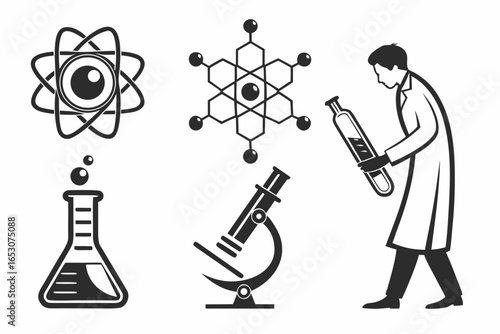 Science and research icon set with scientist isolated on white background