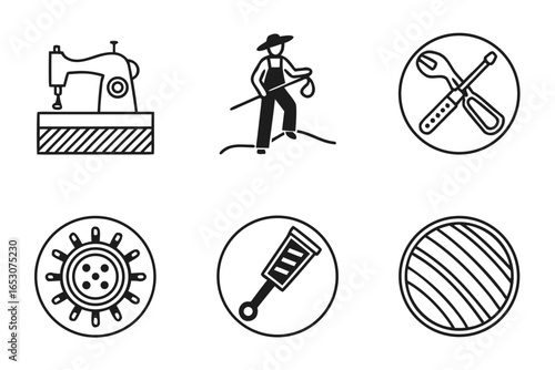 Set of sewing, farming and repair icons isolated on white background