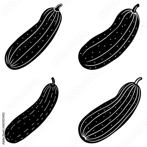 Four stylized black and white cucumbers with textured skins arranged on a white background design