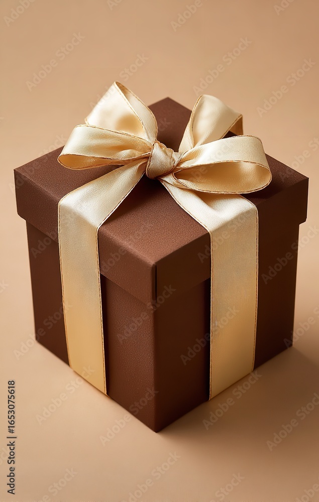 Obraz premium Elegant Kraft Gift Package with Brown Bow in Studio Lighting, Warm and Cozy Presentation for Special Occasions