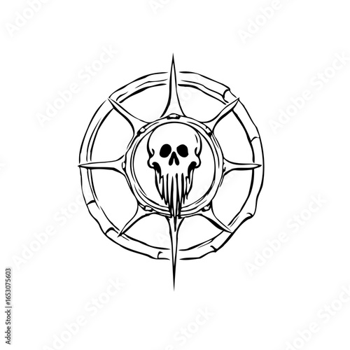 Intricate skull emblem design with sharp spiked edges creating a striking and captivating black and white illustration