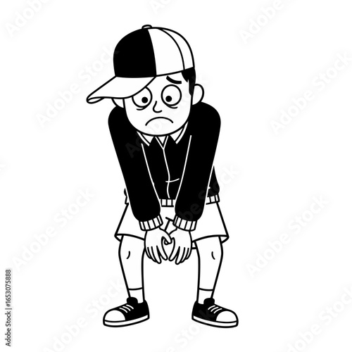 Cartoon boy with a sad expression wearing a twotone cap and leaning forward