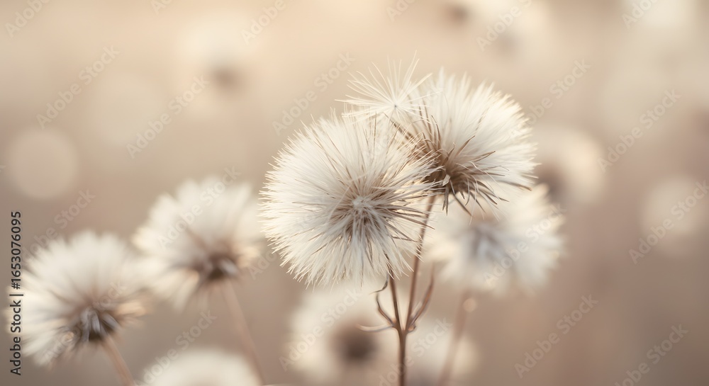Obraz premium Soft Focus Macro of Delicate Dandelion Seed Heads in Warm Sunlight