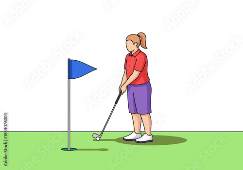 Golfer Preparing to Putt on Green with Blue Flag and Ball