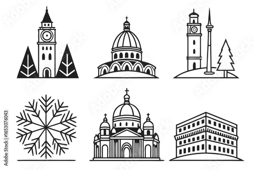 Various buildings and snowflake isolated on white background in vector format