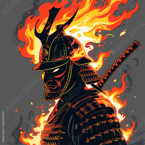 vector image of a samurai silhouette wrapped in fire