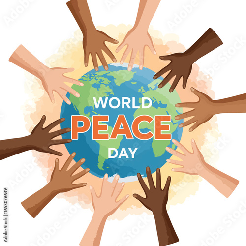 Diverse Illustrated Hands Around World Globe for International Peace Day Celebration