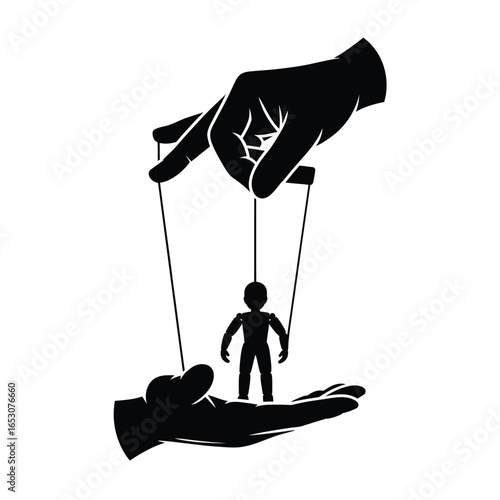 Puppet on a string controlled by hands manipulation concept illustration