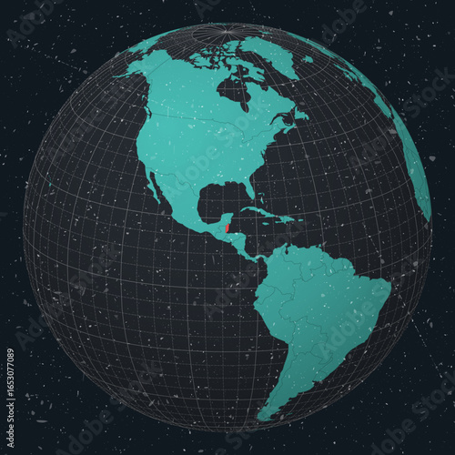 Belize on Globe. Vintage look with grunge scratched texture. Country view on world map in Dark Charcoal Turquoise color palette. Belize shape on map. Globe with meridians and parallels.