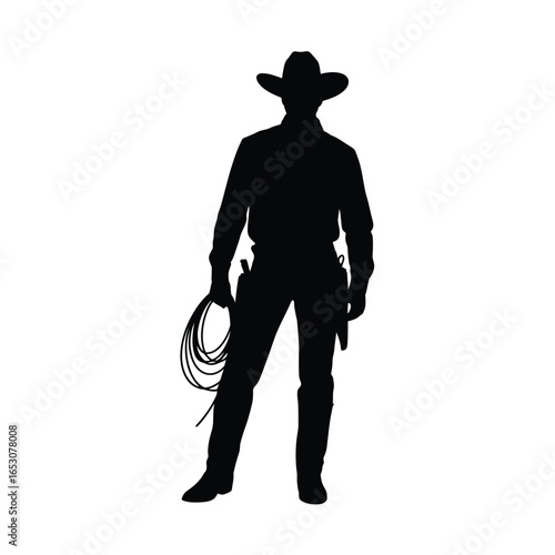Cowboy silhouette with lasso and gun on white background