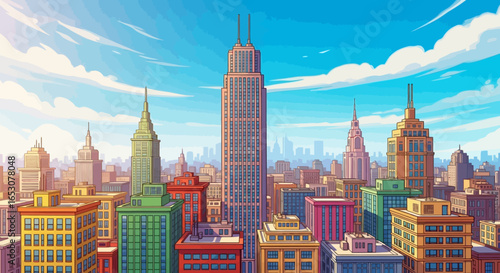 Dynamic cartoon cityscape illustration featuring towering urban skyscrapers and a vibrant skyline under a bright blue sky, capturing a bustling metropolis view.