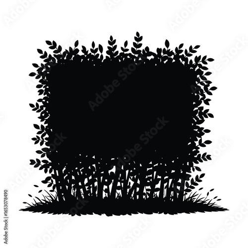 Black silhouette of a rectangular hedge with leaves and grass