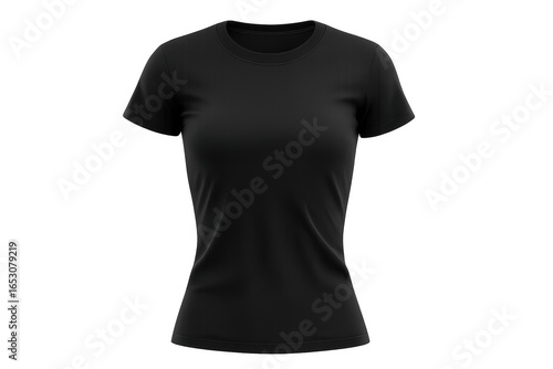 Black t shirt mockup featuring a female model on transparent background