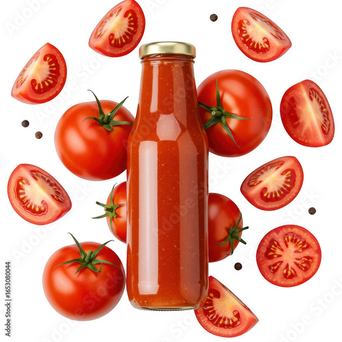 Bottle of tomato sauce with fresh tomatoes around it isolated on transparent background