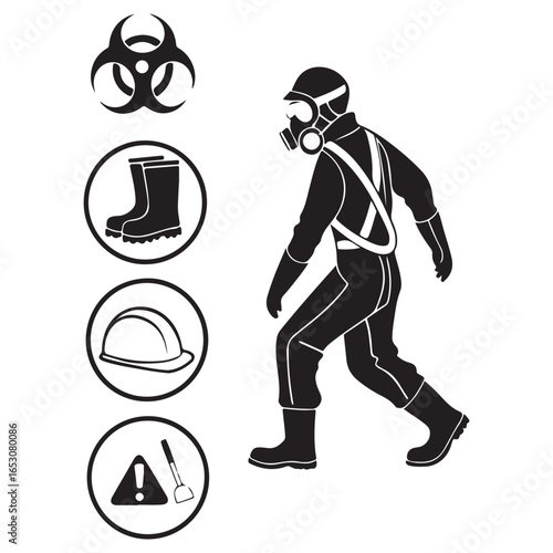 Person wearing protective hazmat suit and respirator with safety icons for biohazard boots hard hat and warning symbol