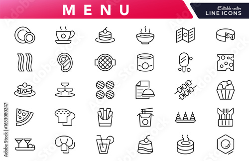 Menu line icon set. Burger, sandwich, pizza, hot, dog, cola, fries, food dinner, sushi, cocktails, vegetarian meal, ice cream, coffee line icon set. Ui thin line icon pack.
