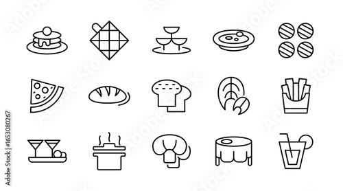 Menu line icon set. Burger, sandwich, pizza, hot, dog, cola, fries, food dinner, sushi, cocktails, vegetarian meal, ice cream, coffee line icon set. Ui thin line icon pack.