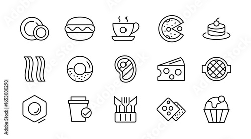 Menu line icon set. Burger, sandwich, pizza, hot, dog, cola, fries, food dinner, sushi, cocktails, vegetarian meal, ice cream, coffee line icon set. Ui thin line icon pack.