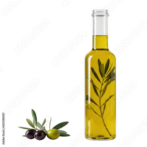 Olive oil bottle with olives and leaves isolated on transparent background