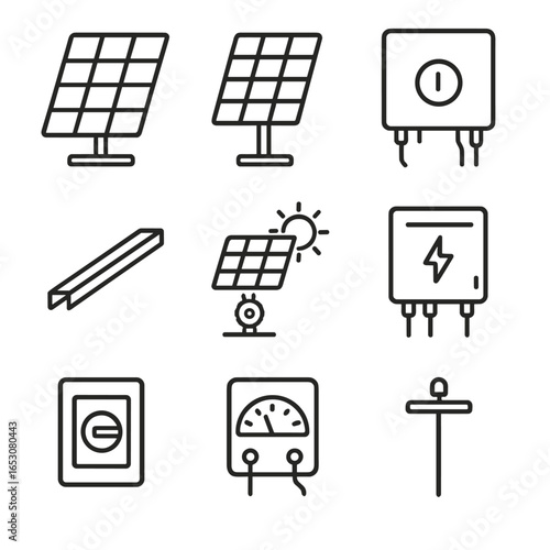 Solar Array Icon Set. Outline style icon of Solar Photovoltaic Array: mono-crystalline panel, poly-crystalline panel, inverter box