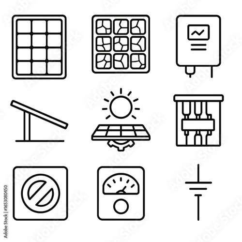 Solar Array Icon Set. Outline style icon of Solar Photovoltaic Array: mono-crystalline panel, poly-crystalline panel, inverter box