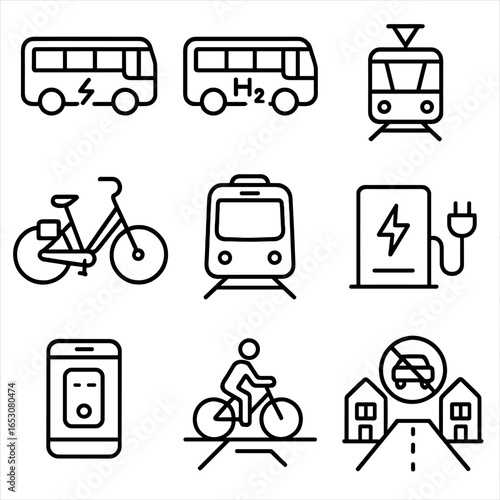 Zero-Emission Transit Icons. Outline style icon of Zero-Emission Transit: electric bus, hydrogen bus, tram with pantograph, e-bike