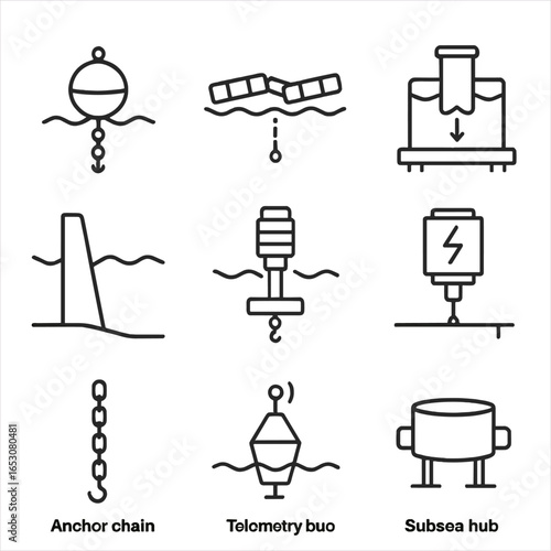 Wave Energy Converters Icons. Outline style icon of Wave Energy Converters: point absorber buoy, attenuator hinge, oscillating