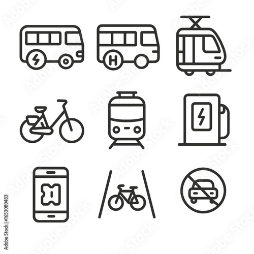 Zero-Emission Transit Icons. Outline style icon of Zero-Emission Transit: electric bus, hydrogen bus, tram with pantograph, e-bike