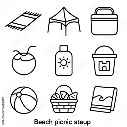 Beach Picnic Essentials. Outline style icon of Beach Picnic Setup: beach mat, sunshade canopy, insulated cooler, fresh coconut,