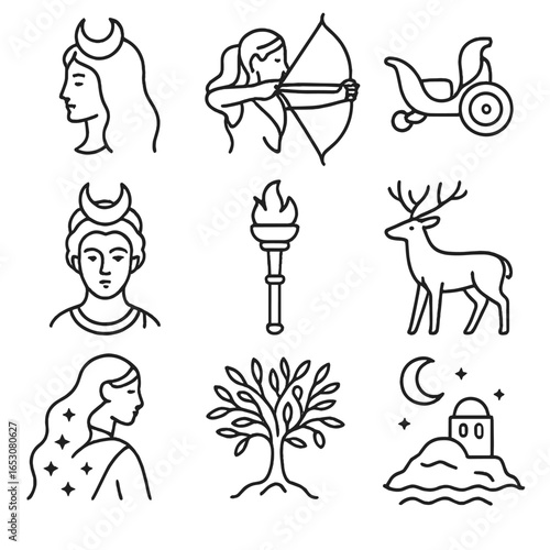Greek Moon Deities Icons. Outline style icon of Greek Moon Deities: Selene moon crown, Artemis bow, silver chariot, crescent