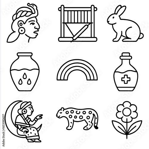 Mayan Goddess Iconography. Outline style icon of Mayan Moon Goddess Ix Chel: serpent crown, weaving loom, rabbit companion, rain