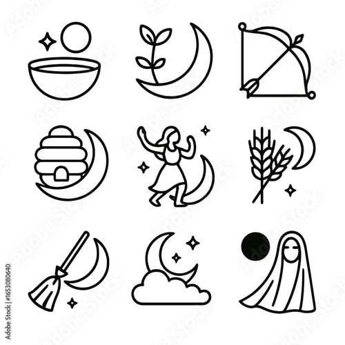 Moon Phases Icons. Outline style icon of Moon Phases Lore: new-moon wish bowl, waxing crescent sprout, first quarter bow, gibbous
