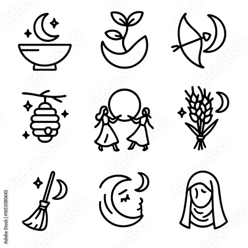Moon Phases Icons. Outline style icon of Moon Phases Lore: new-moon wish bowl, waxing crescent sprout, first quarter bow, gibbous