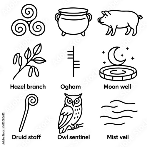 Celtic Lunar Icons. Outline style icon of Celtic Lunar Symbols: triple spiral, silver cauldron, white sow, hazel branch, ogham