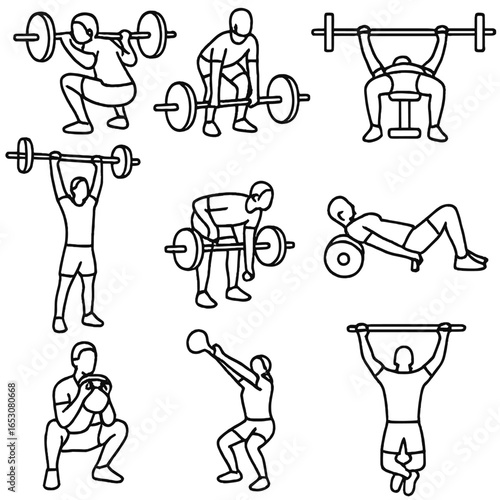 Strength Compound Icons. Outline style icon of Strength Compound Lifts: barbell squat, deadlift pull, bench press, overhead press,