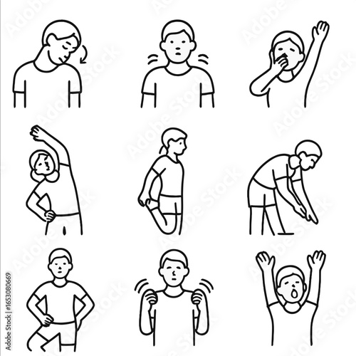 Sunrise Stretch Icons. Outline style icon of Sunrise Stretch Routine: neck roll, shoulder shrug, side bend, standing quad stretch,
