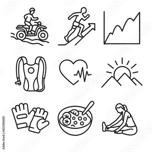 Iconic Morning Fitness Symbols. Outline style icons of Morning Fitness: early ATV trail jog, dynamic hill sprint arrow, incline