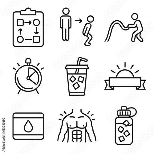 Morning Fitness Icons. Outline style icons of Morning Fitness: HIIT circuit board, burpee motion arrows, battle rope wave,