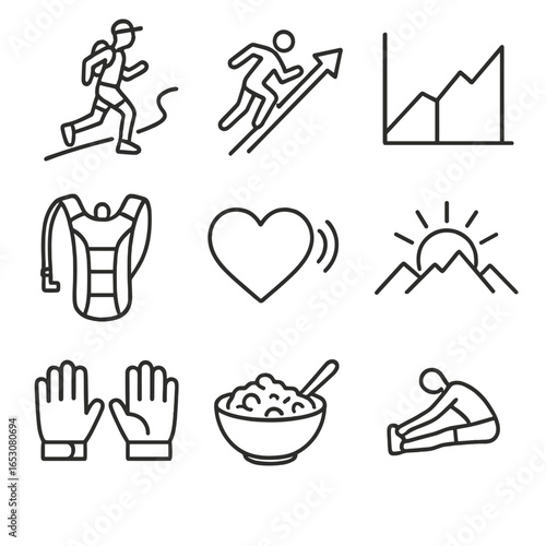 Iconic Morning Fitness Symbols. Outline style icons of Morning Fitness: early ATV trail jog, dynamic hill sprint arrow, incline