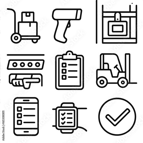 Mobile Workforce Icons. Outline style icons of Mobile Workforce: warehouse picker cart, handheld RF scanner, shelf location tag,