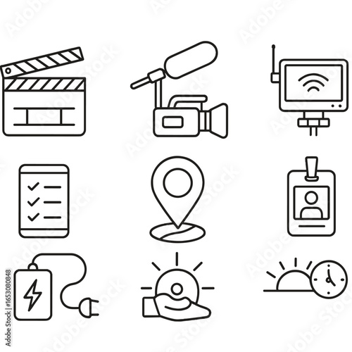 Mobile Workforce Icons. Outline style icons of Mobile Workforce: film crew clapboard, handheld camera, boom mic, wireless monitor,